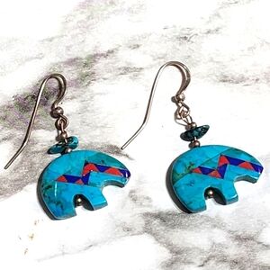 Vintage Sterling 925 Turquoise Fetish Bear Earring Lapis Coral Carved Stone